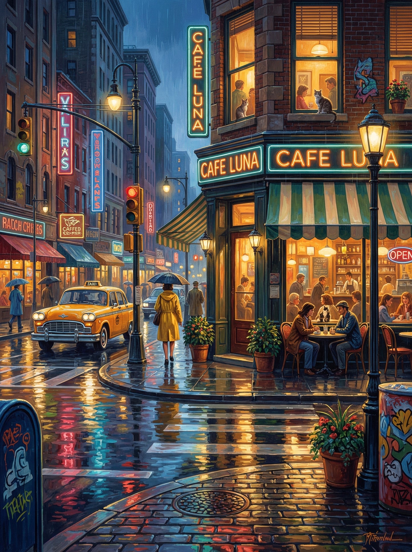 Rainy City Cafe Night Taxi (100 Color Diamond Painting) Diamond Painting kit