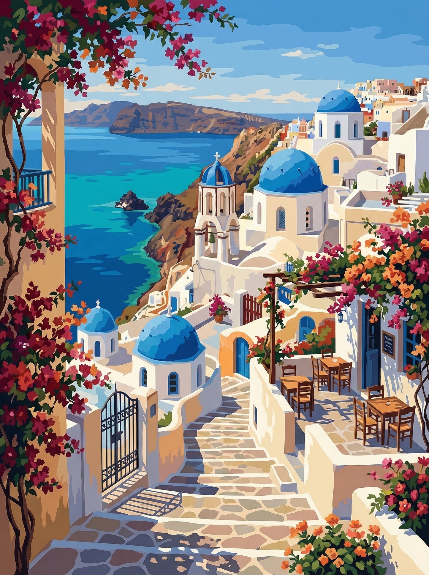 Santorini Blue Dome Coastline (Diamond Painting)