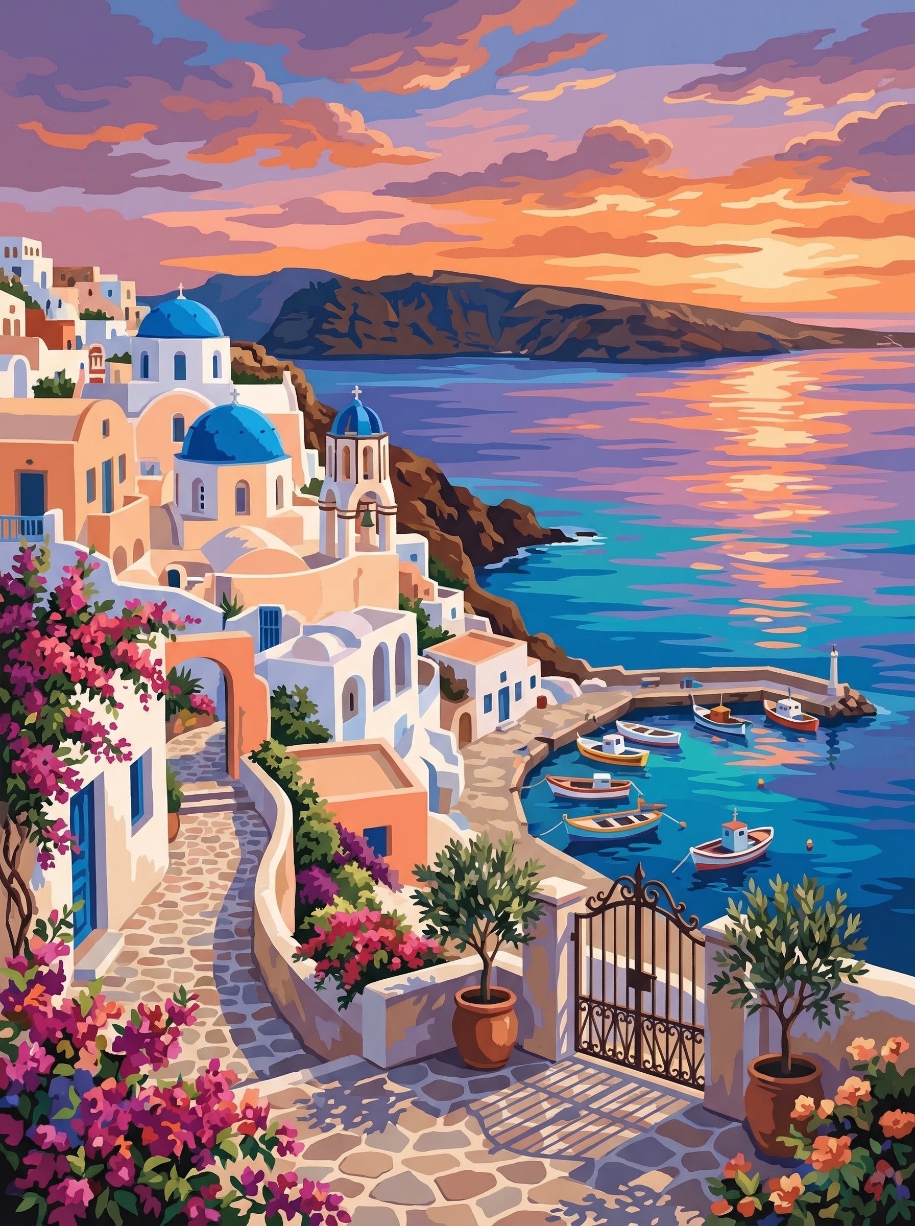 Santorini Sunset Harbor View (Diamond Painting)