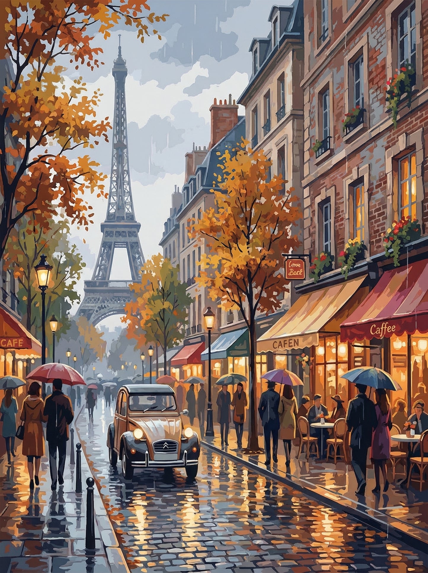 Paris Eiffel Rain Cafe Street (100 Color Diamond Painting)