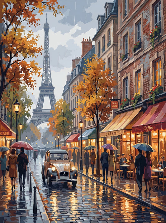 Paris Eiffel Rain Cafe Street (100 Color Diamond Painting)