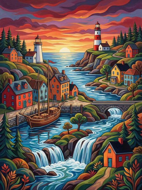 Sunset Coastal Village Harbor (Diamond Painting) Diamond Painting kit