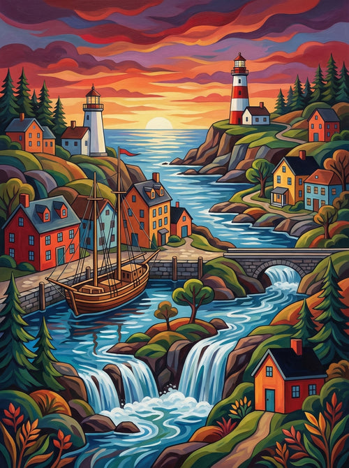 Sunset Coastal  Village Harbor (Diamond Painting)