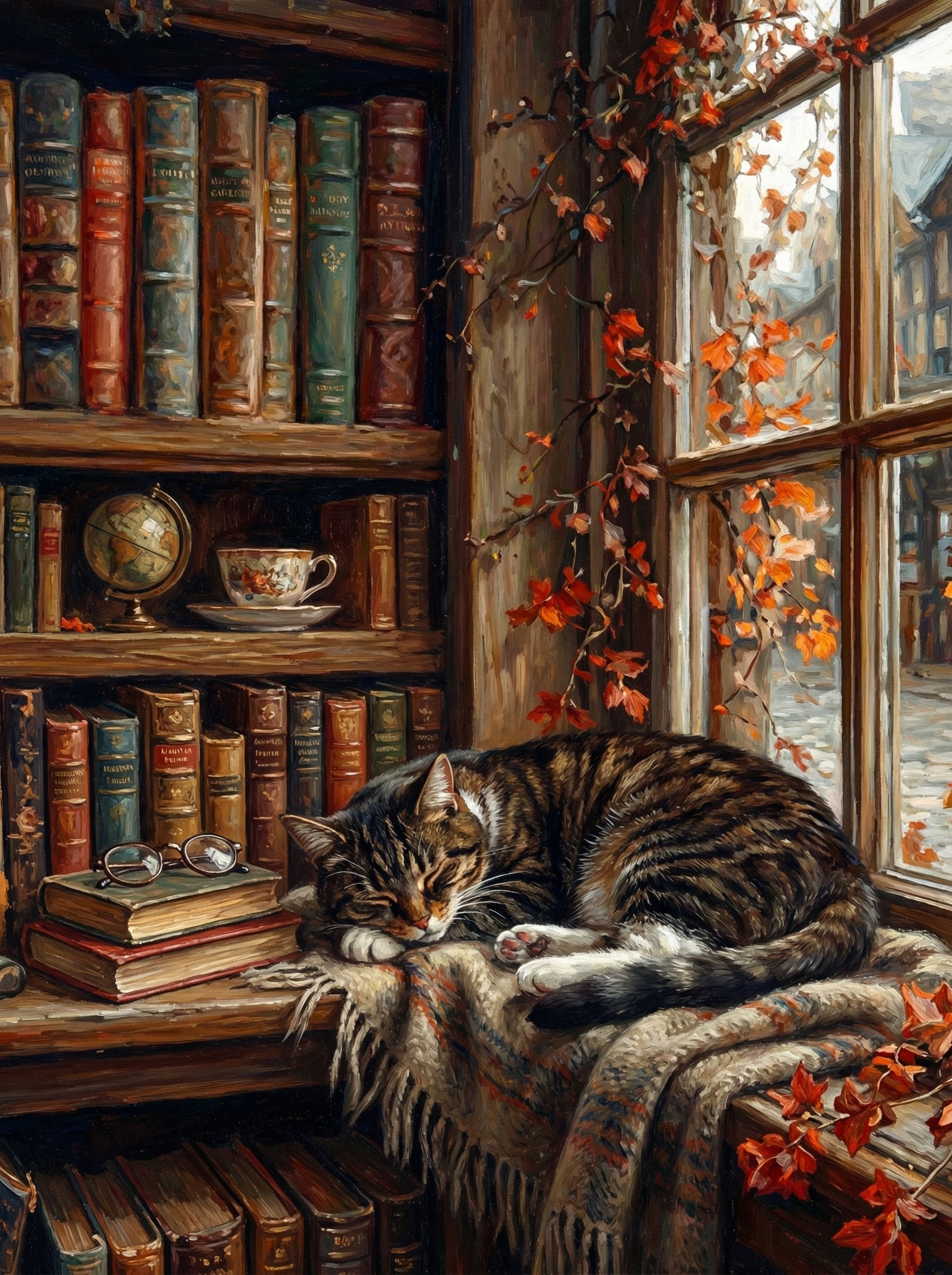 Autumn Library Cat (100 Color Diamond Painting)