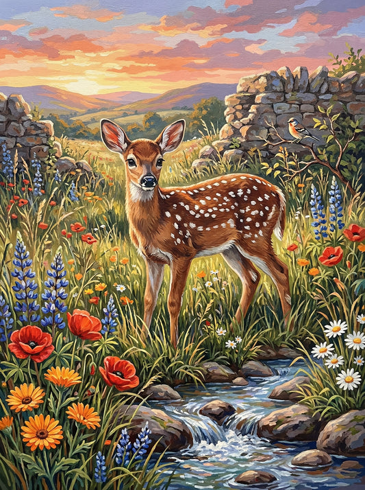 Wildflower Stream Deer (100 Color Diamond Painting)