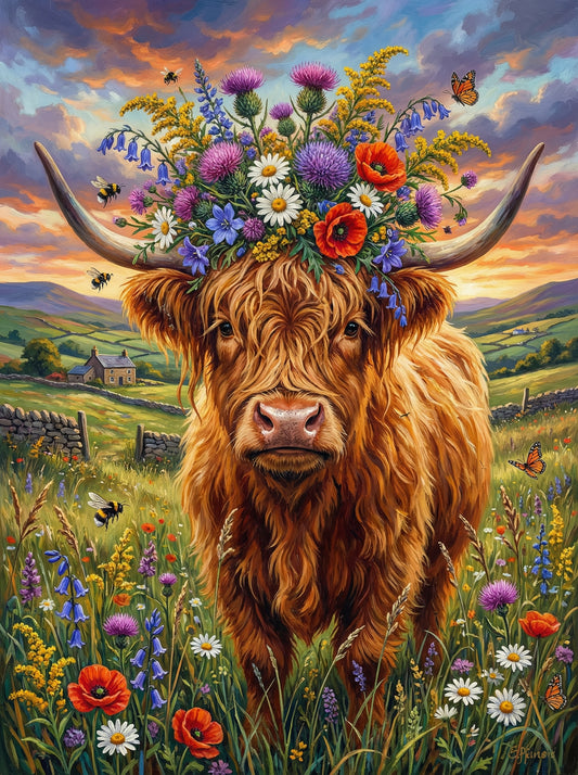 Flower Crown Highland Cow (100 Color Diamond Painting)