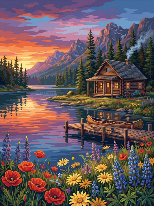 Lakeside Cabin Sunset Calm (100 Color Diamond Painting)