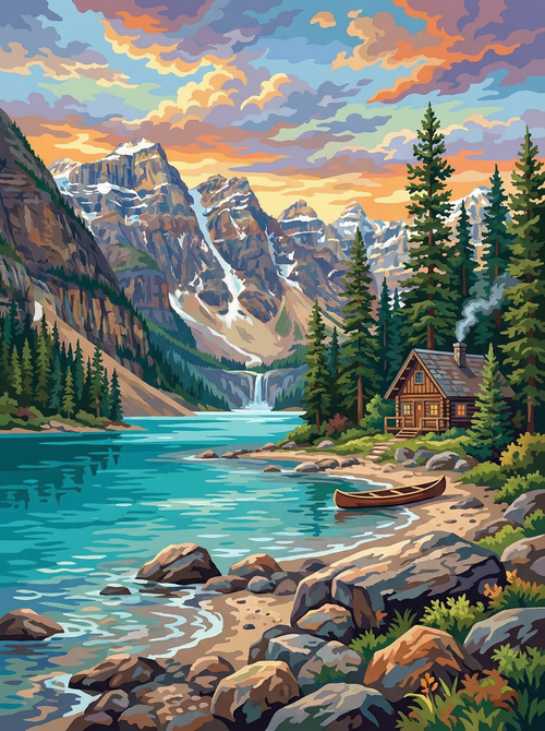 Turquoise Lake Cabin Escape (100 Color Diamond Painting)