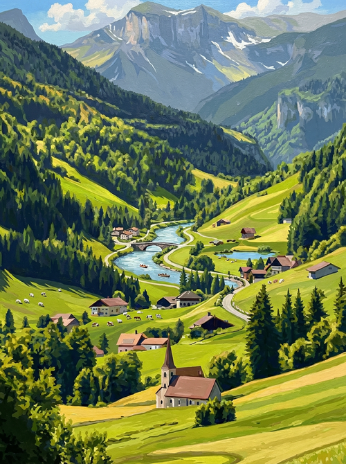 Valley Village Serene Journey (100 Color Diamond Painting) Diamond Painting kit