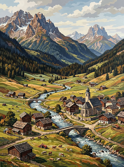 Alpine Village River Harmony (100 Color Diamond Painting) Diamond Painting kit