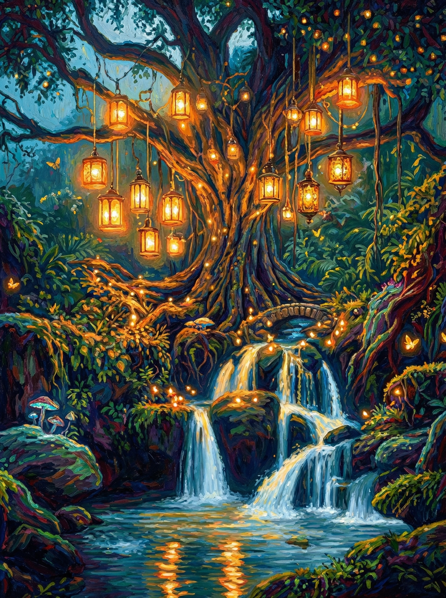 Enchanted Lantern Forest Falls (100 Color Diamond Painting)