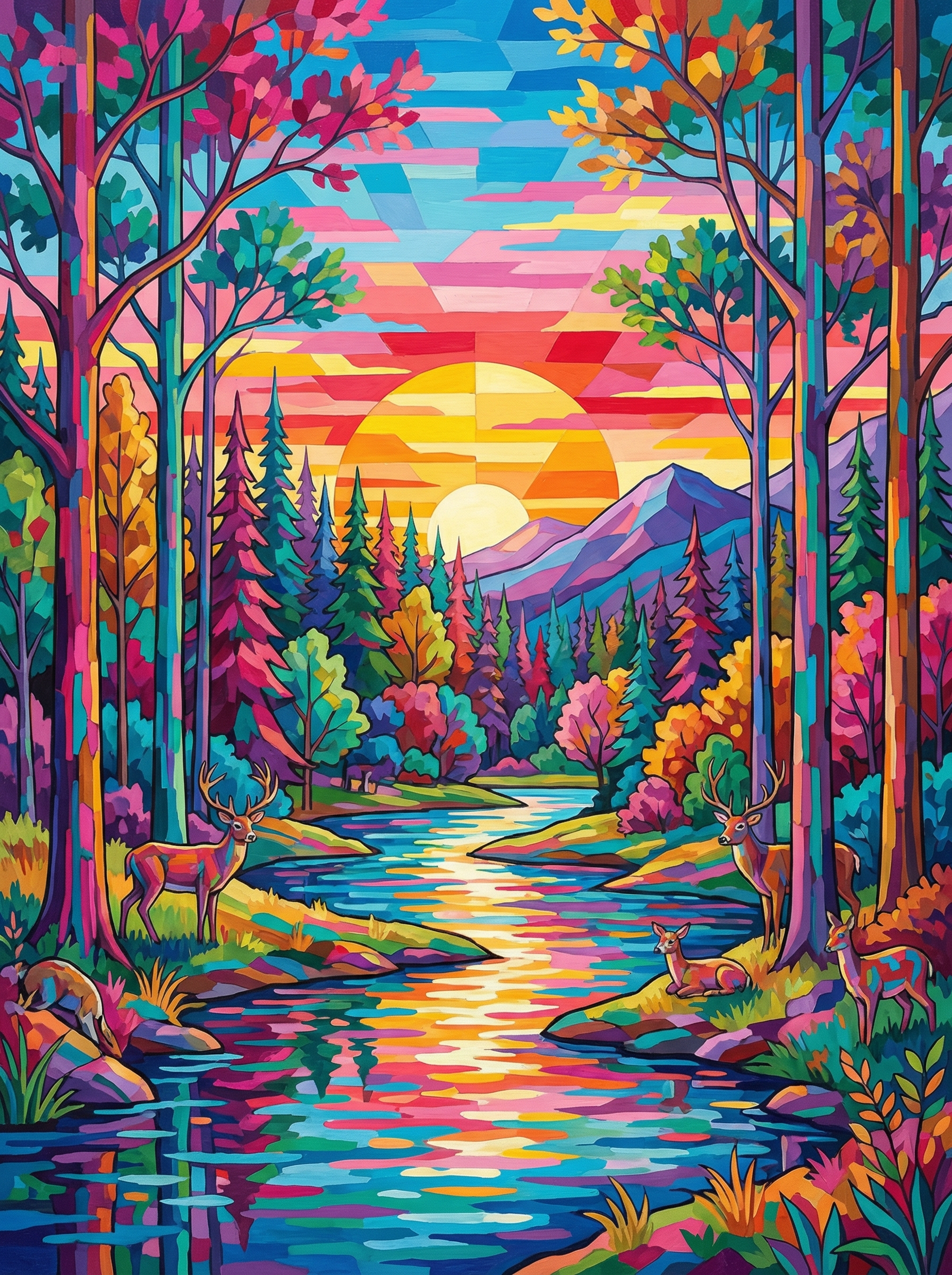 Sunset Forest Deer (100 Color Diamond Painting) Diamond Painting kit