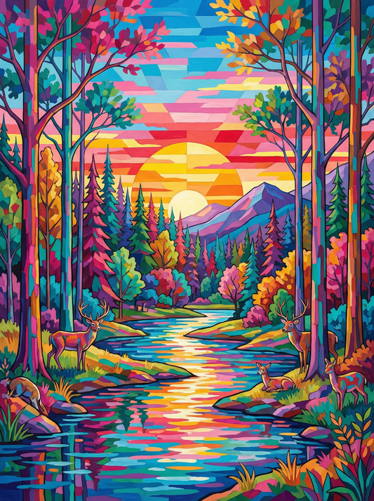 Sunset Forest Deer (100 Color Diamond Painting)