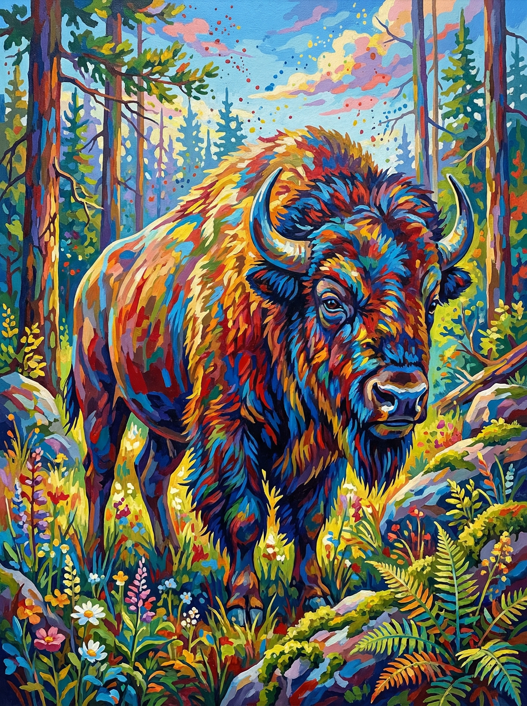Rainbow Forest Bison (100 Color Diamond Painting)