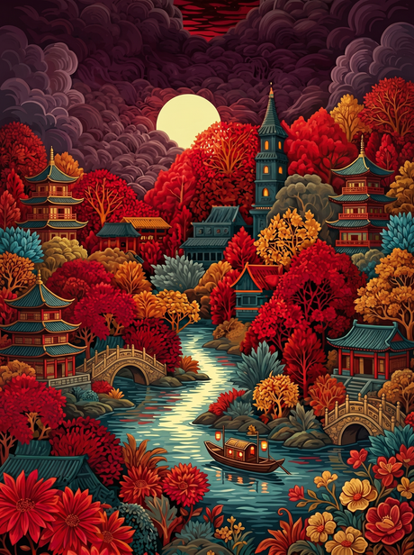 Crimson Pagoda River (Diamond Painting) Diamond Painting kit