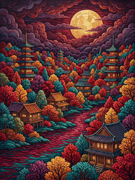 Crimson Moon Pagoda Valley (Diamond Painting) Diamond Painting kit