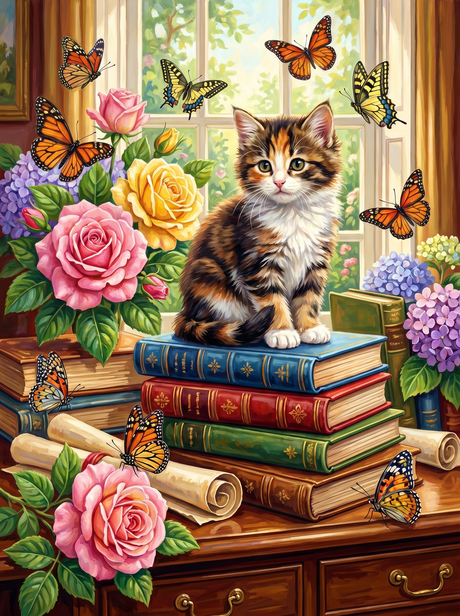 Curious Kitten Library Garden (Diamond Painting) Diamond Painting kit