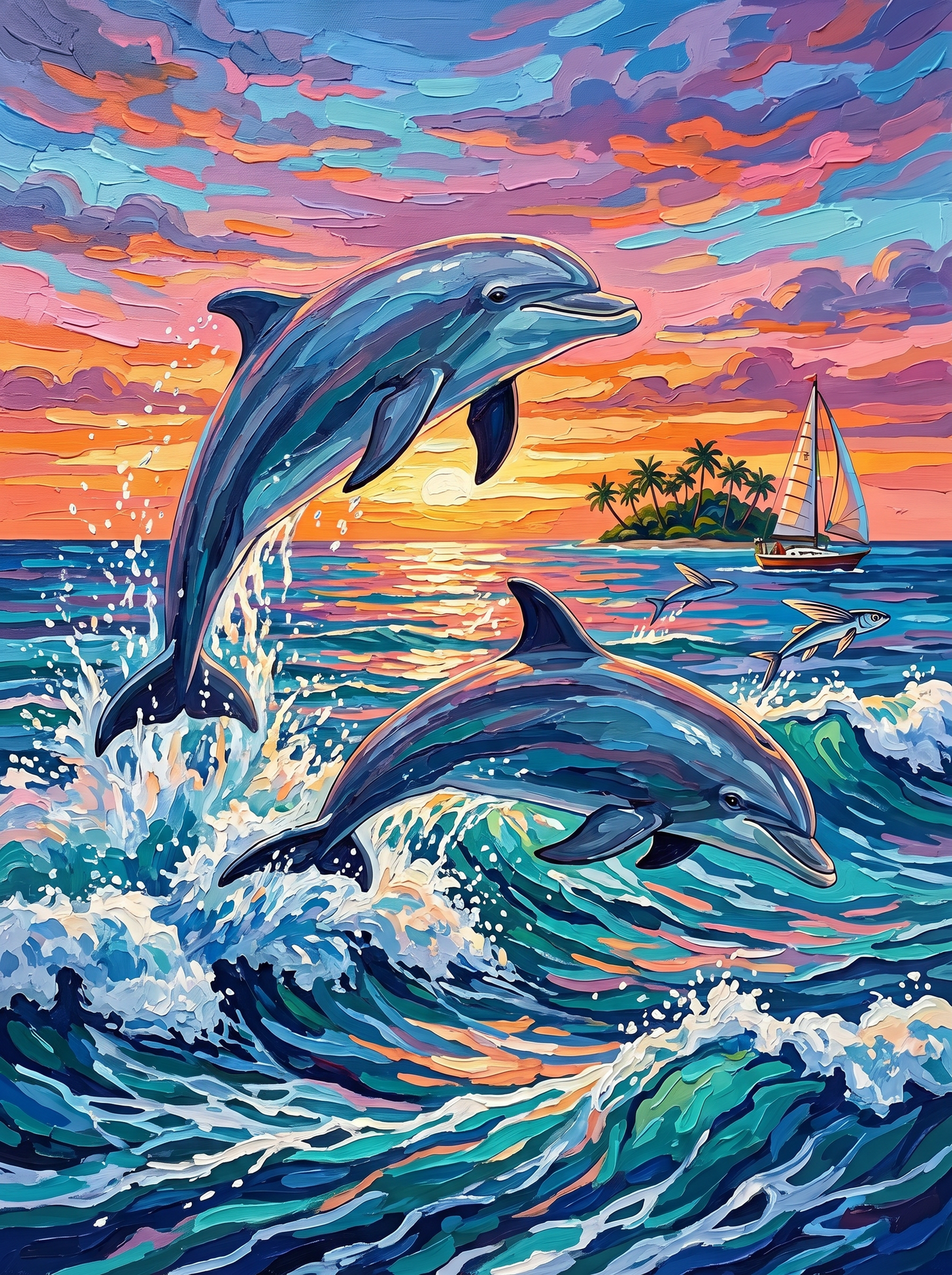Sunset Dolphins Ocean Dance (Diamond Painting)