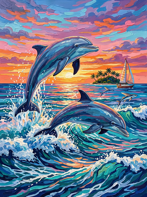 Sunset Dolphins Ocean Dance (Diamond Painting)