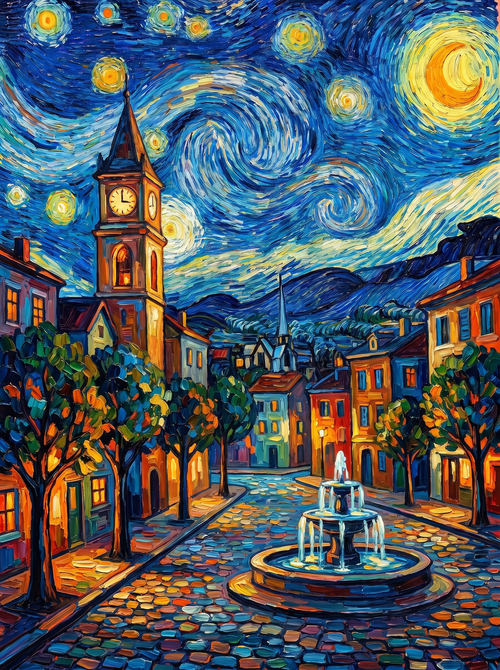 Starry Village Fountain Night (Diamond Painting)