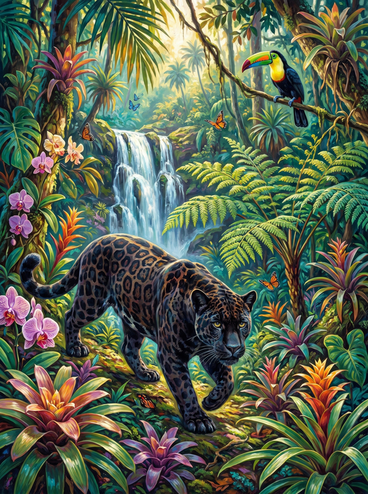 Jungle Waterfall Black Panther (Diamond Painting)
