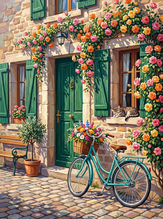 Rose Covered Cottage Bicycle Charm (Diamond Painting)