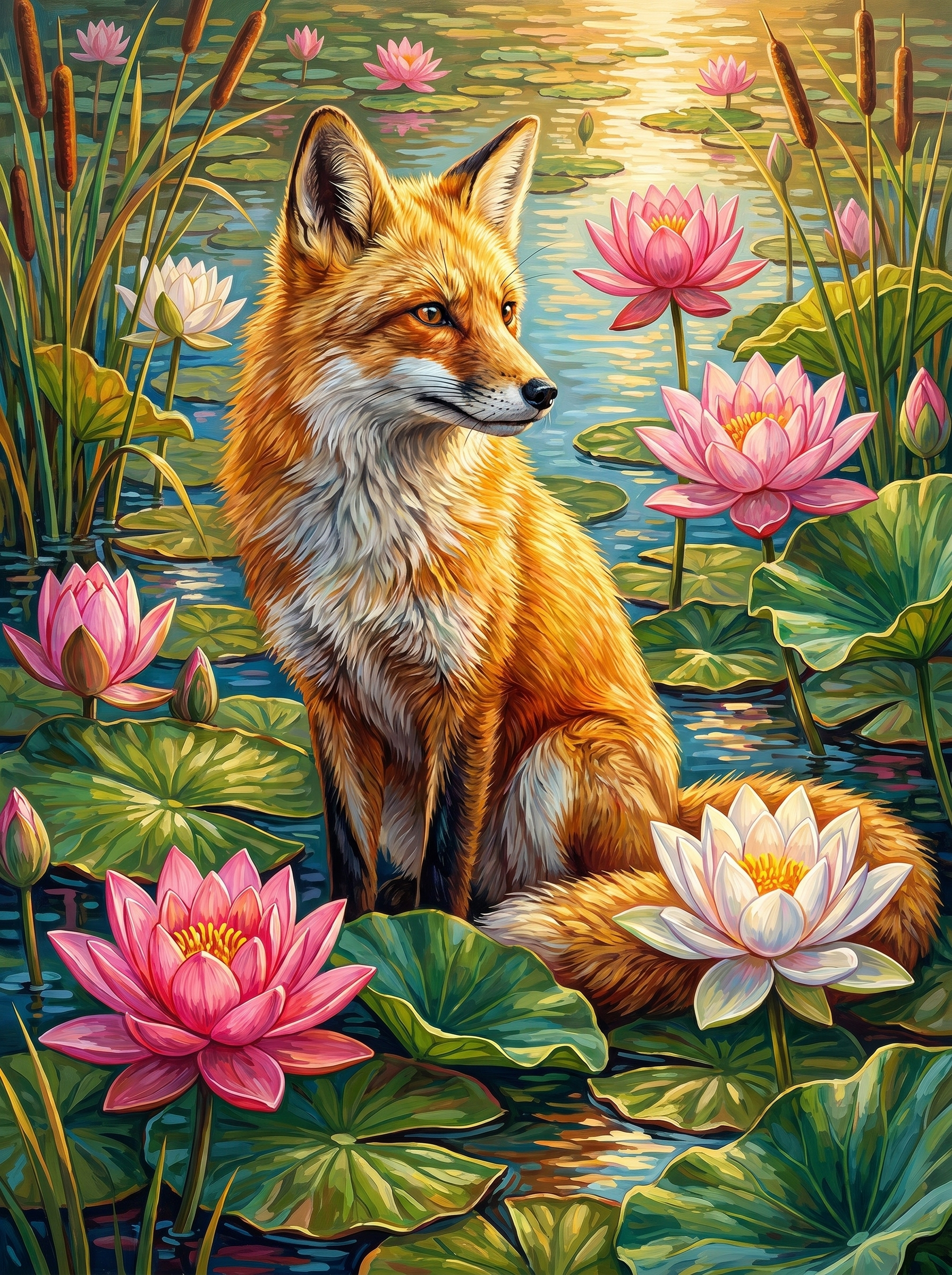 Fox Among Lotus Blooms (Diamond Painting) Diamond Painting kit