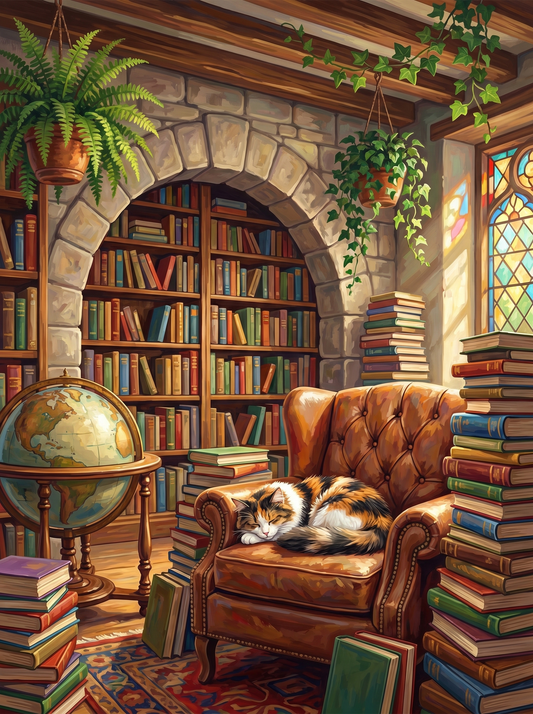 Cozy Library Cat Corner (Diamond Painting)