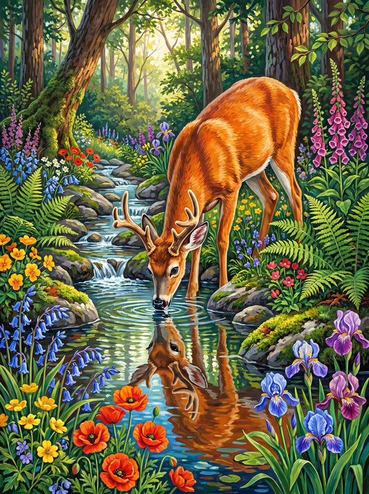 Forest Deer Stream Reflection (Diamond Painting)