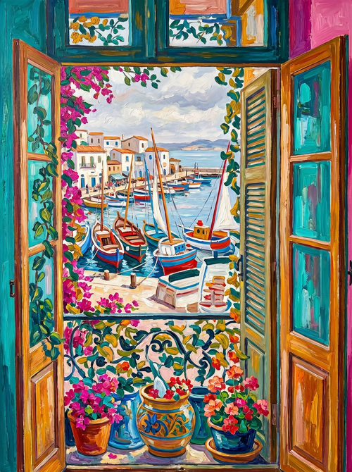 Seaside Window Harbor View (Diamond Painting)