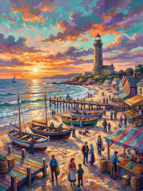 Sunset Harbor Market Scene (Diamond Painting) Diamond Painting kit