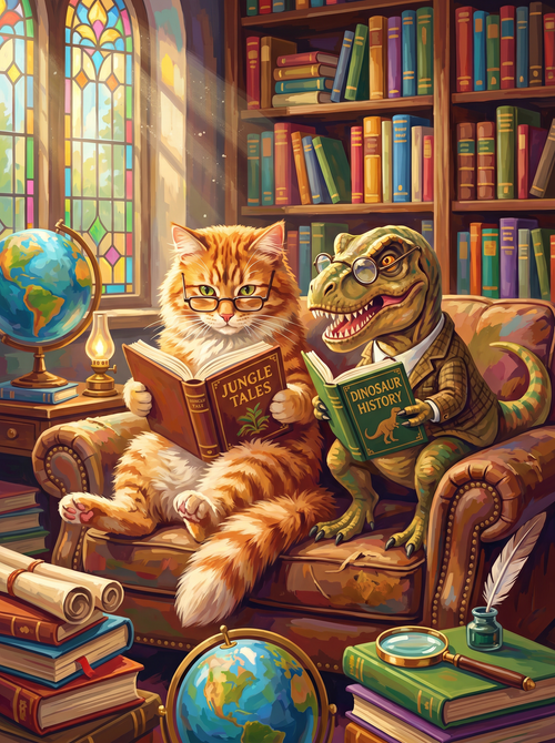 Cat and Dinosaur Library People Paint by Numbers kit