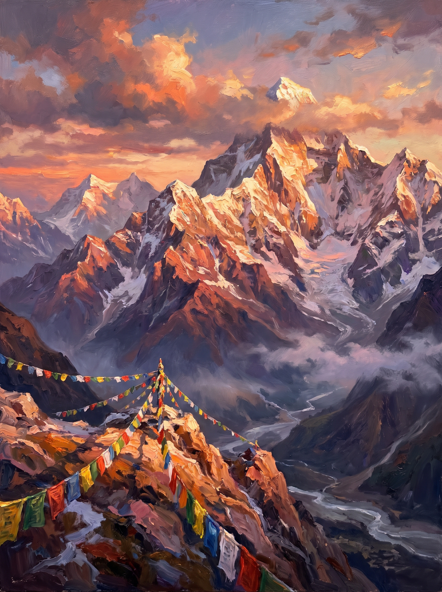 Himalayan Peaks Prayer Flags Sunset