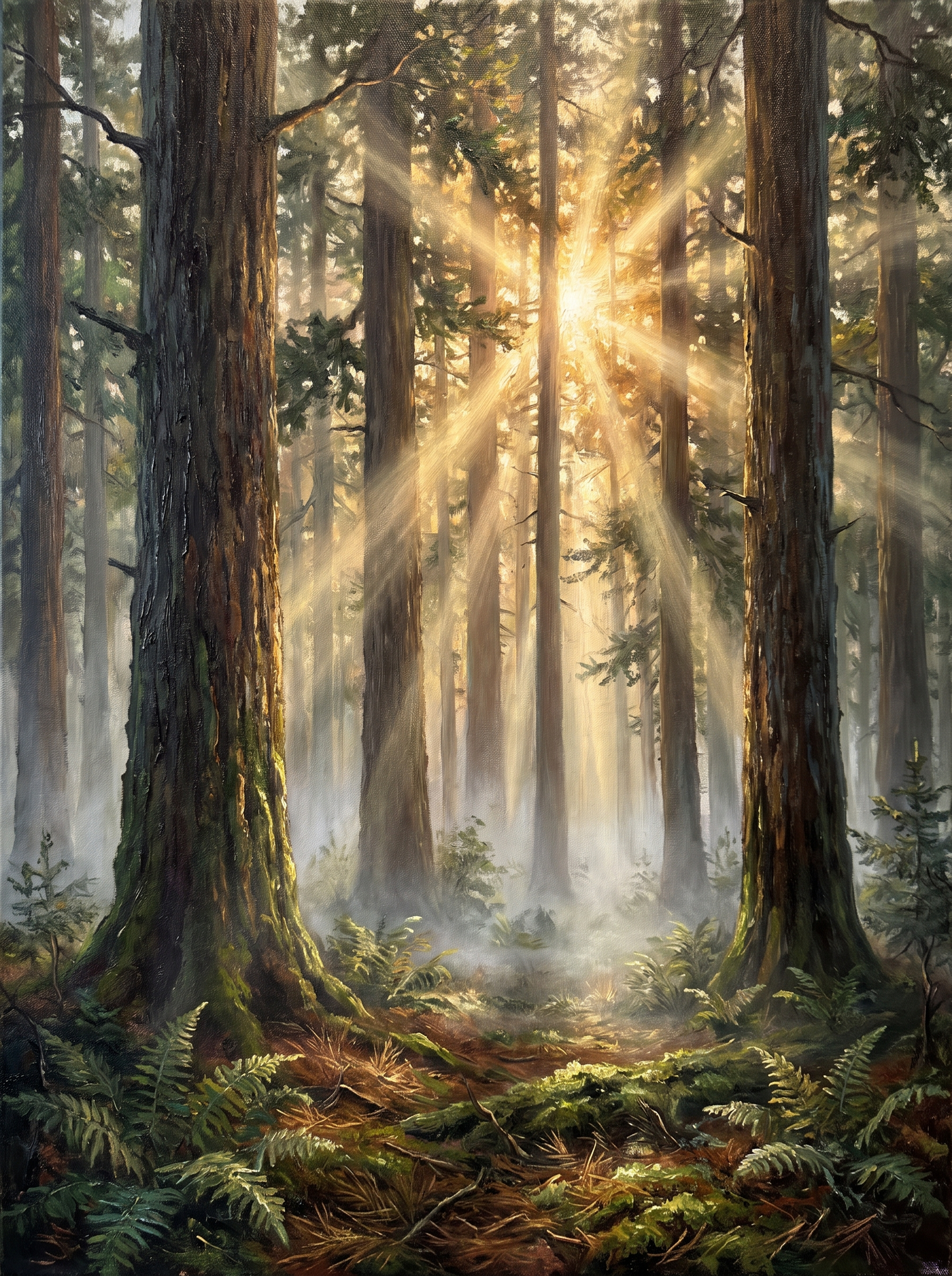 Misty Pine Forest Sunbeams