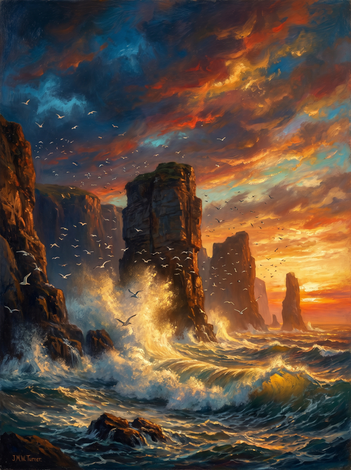 Dramatic Sea Cliffs Waves Sunset