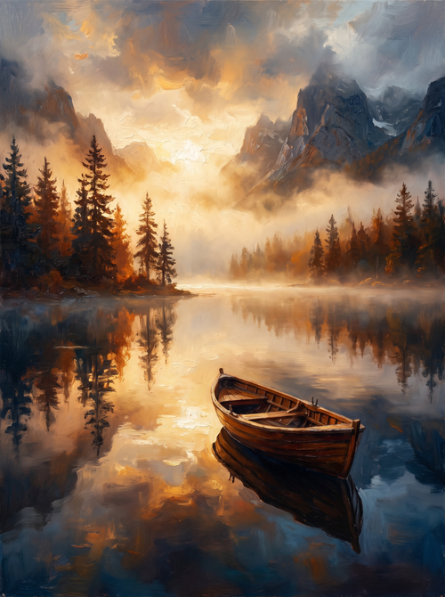Misty Lake Rowboat Dawn
