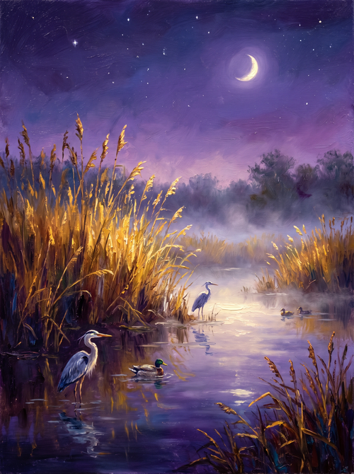 Crescent Moon Twilight Marsh Reeds