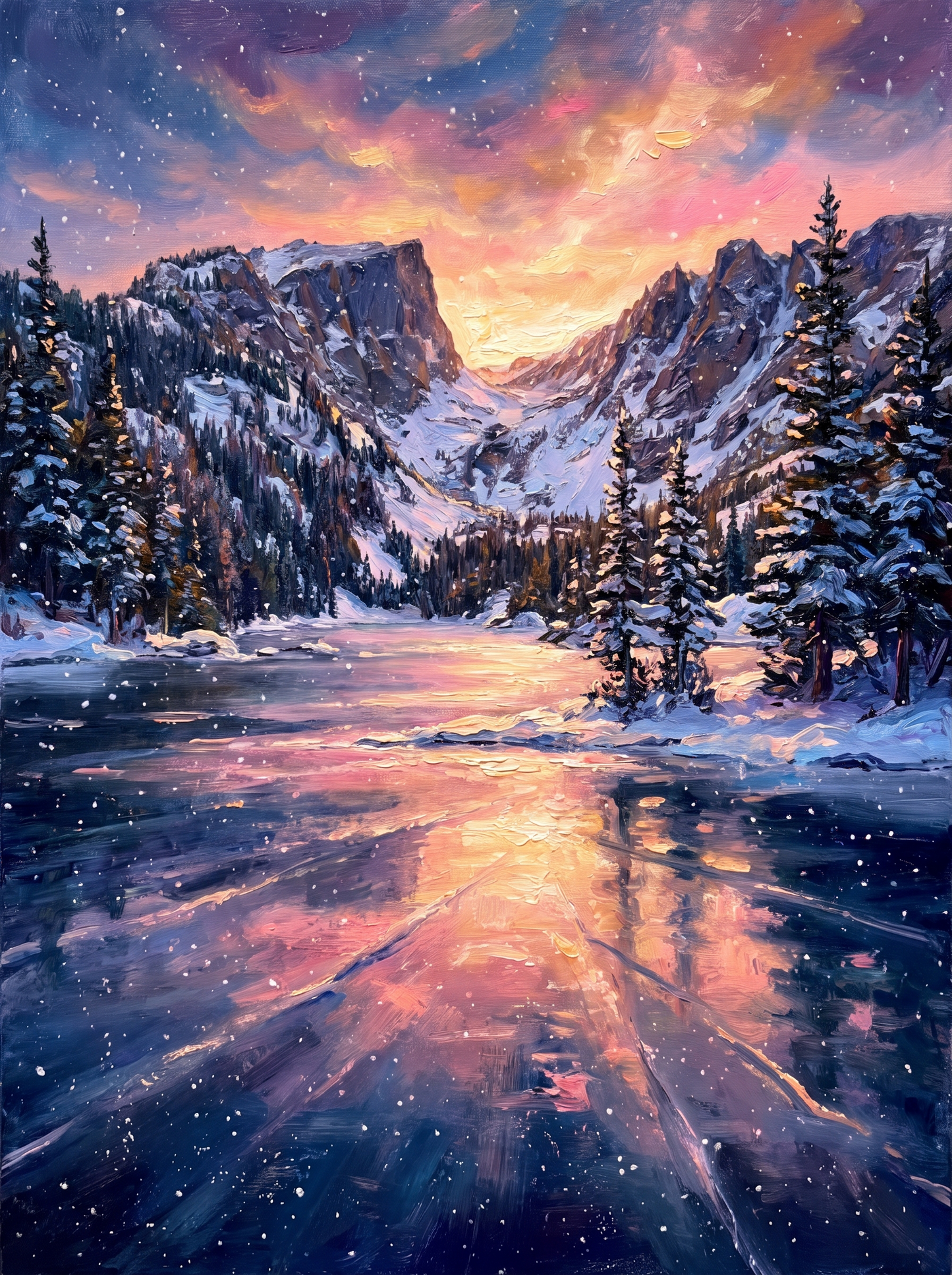 Frozen Lake Snowy Pines Sunset