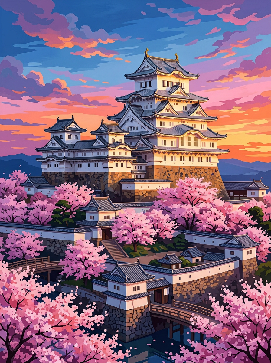 Himeji Castle Blossom (150 Color Diamond Painting)