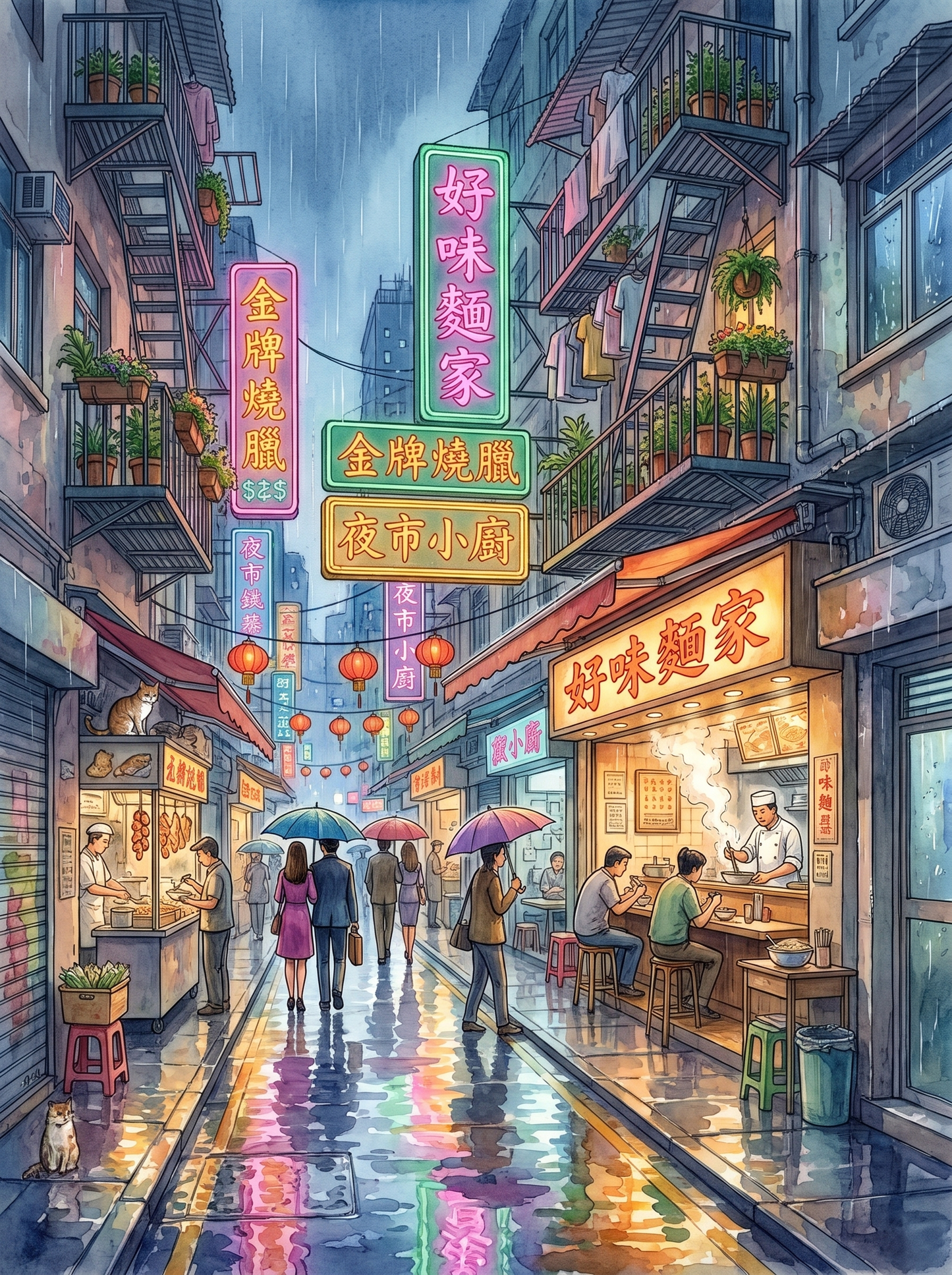 Rainy Neon Alley Night, Hong Kong