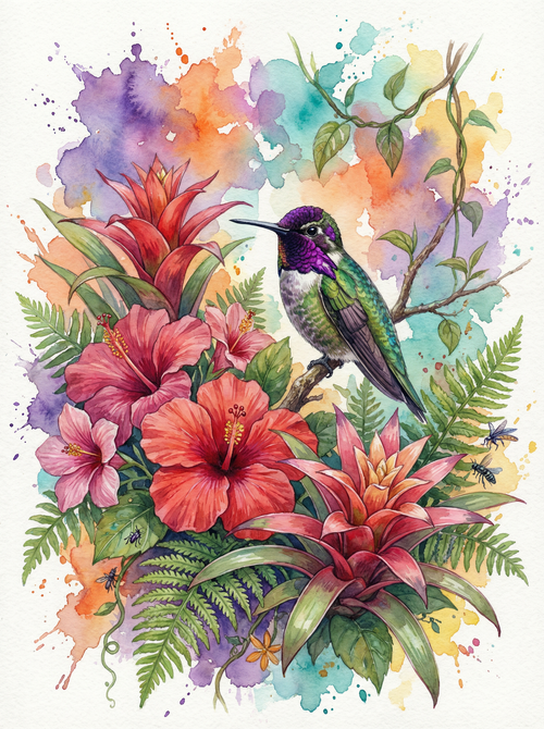 Hummingbird Tropical Blossoms (100 Color Diamond Painting)