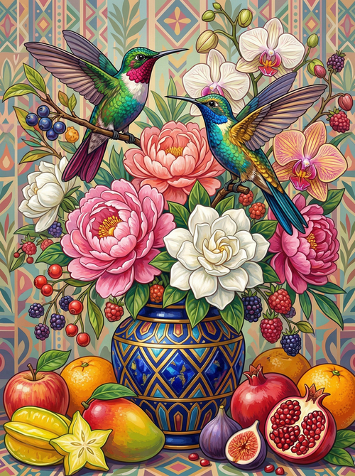 Hummingbirds With Roses (100 Color Diamond Painting) Diamond Painting kit