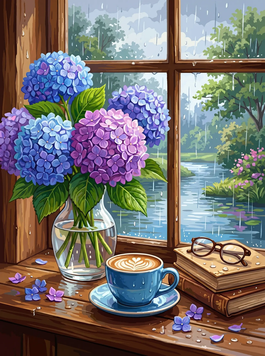 Hydrangea Glass Vase Rainy Window (Diamond Painting)