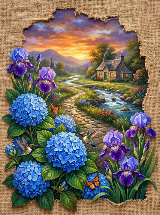Hydrangea Iris Cottage Landscape (Diamond Painting)