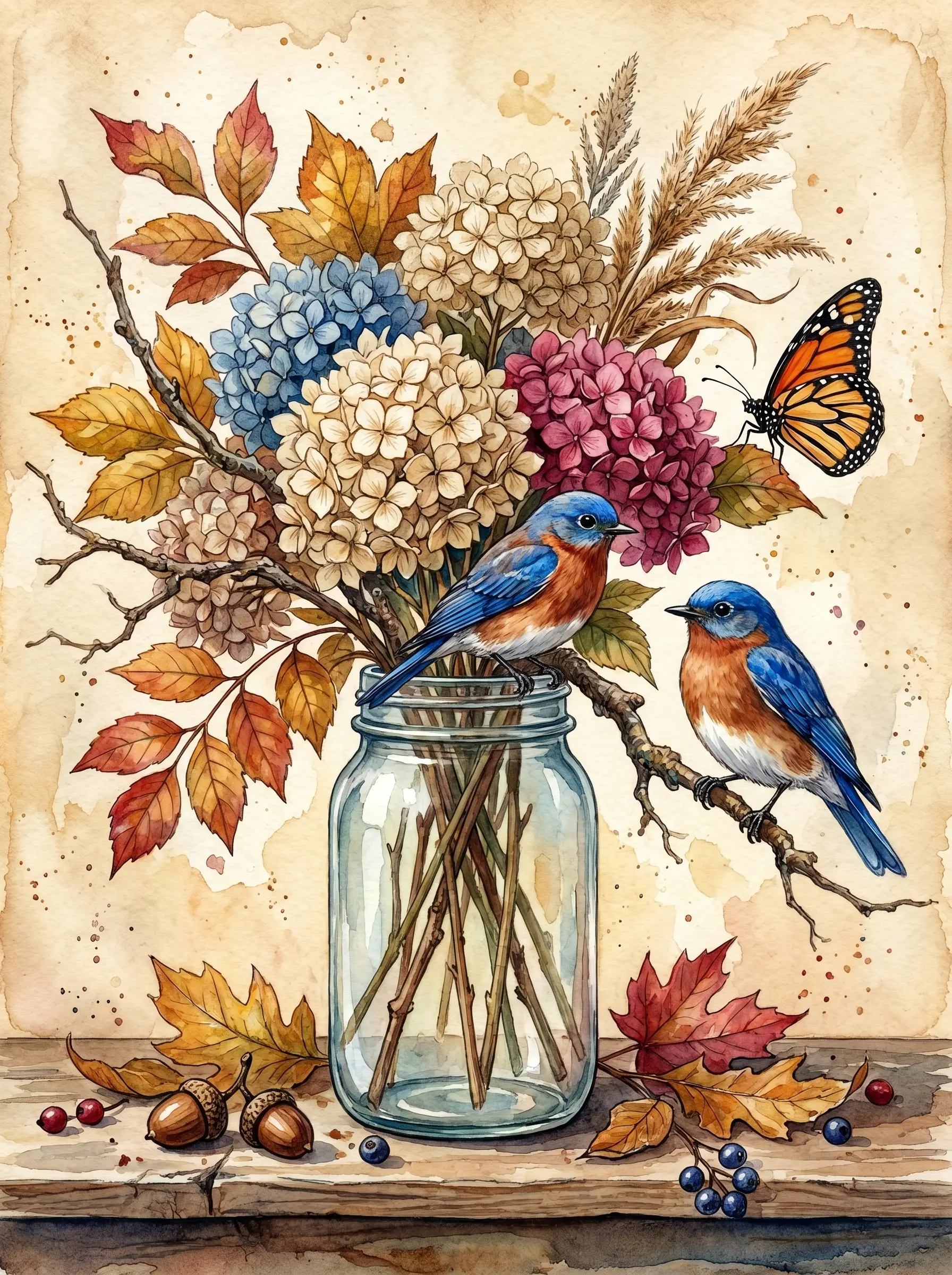 Hydrangea Jar Bluebirds Autumn (Diamond Painting)