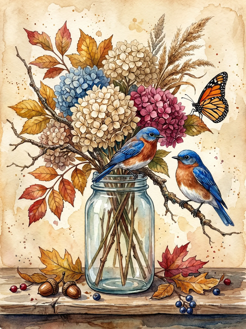 Hydrangea Jar Bluebirds Autumn (Diamond Painting)