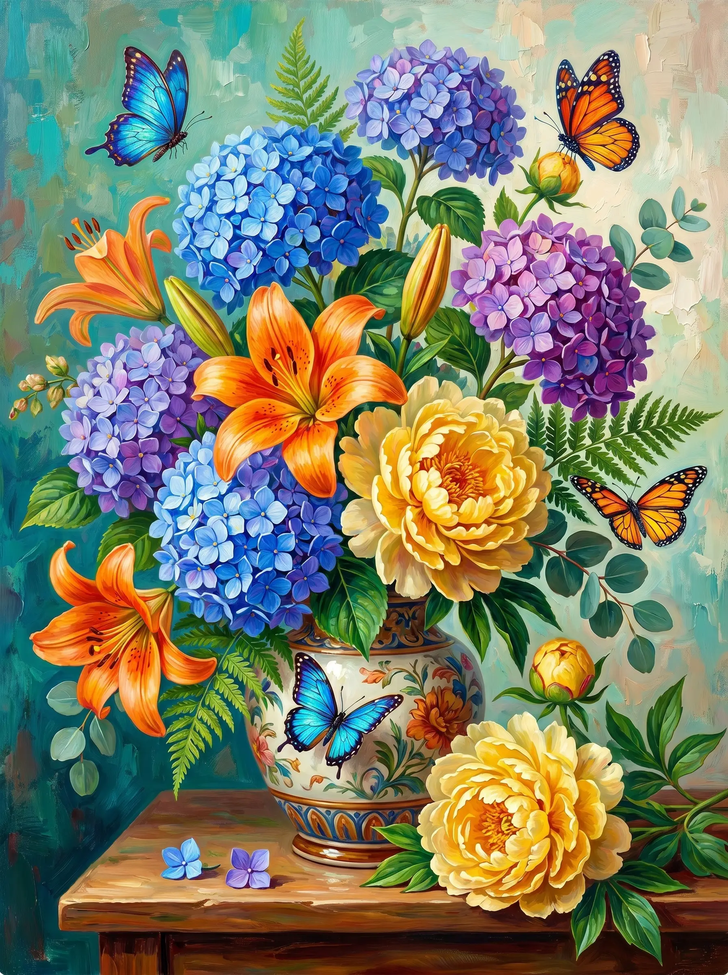 Hydrangea Lily Vase Butterfly (Diamond Painting)