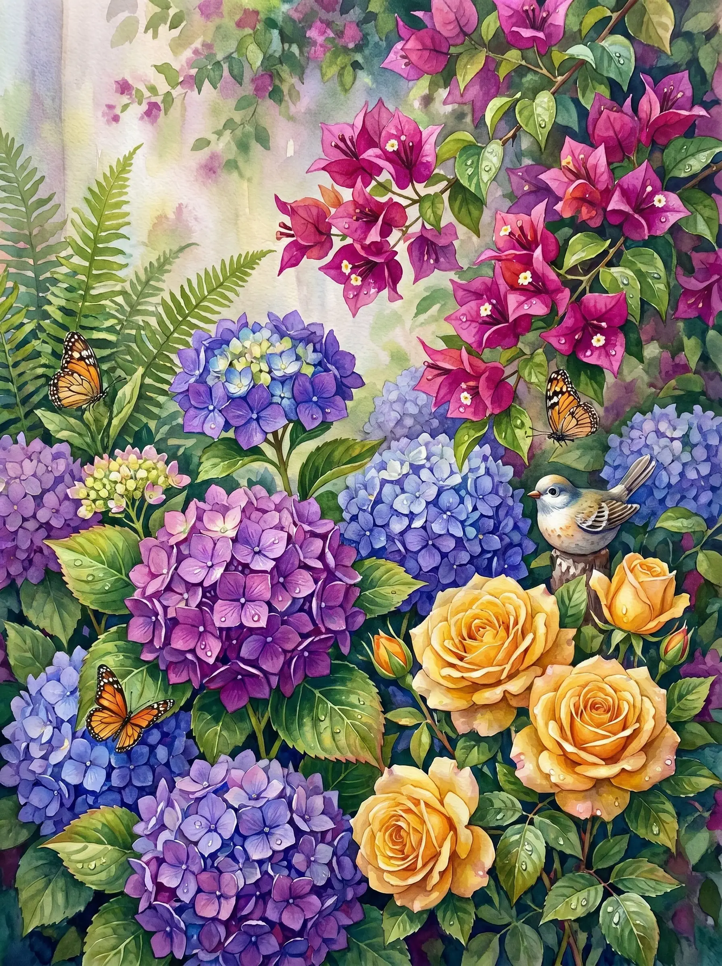Hydrangea Rose Garden Bird (Diamond Painting)
