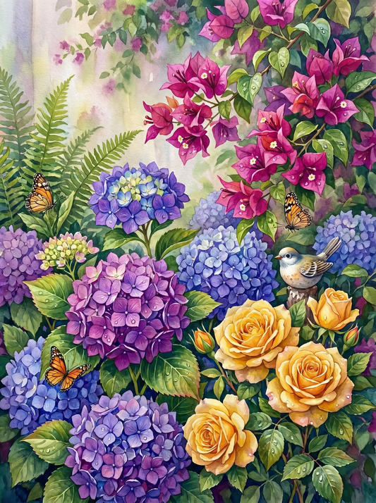 Hydrangea Rose Garden Bird (Diamond Painting)
