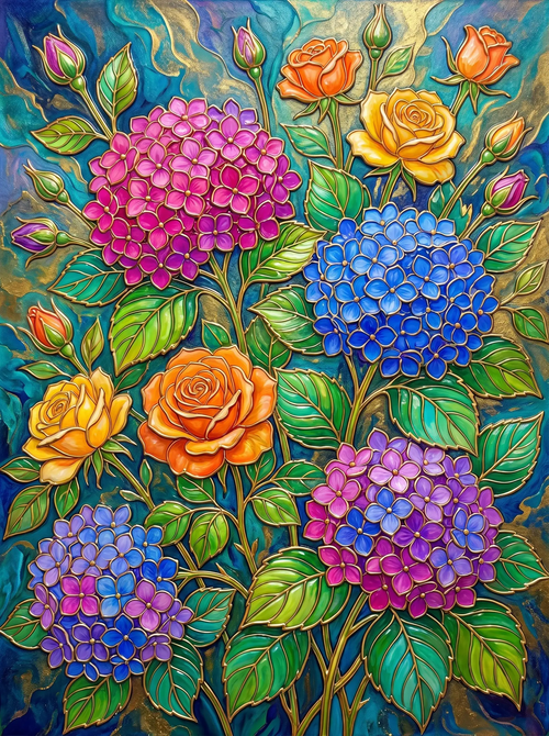 Hydrangea Rose Stained Glass (Diamond Painting)